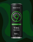 A single can of Crescent 9 Raspberry Lime THC Seltzer, 50 mg THC, centered against a dark green abstract background. The can is black with green and white text and logo.