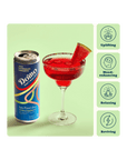 Domo zero proof elixir can with a cocktail and watermelon slice on a green background