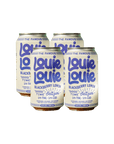 Four aluminum cans of Louie Louie Blackberry Lemon Seltzer arranged in a cluster on a plain white background. The cans are cream-colored with bold blue branding and text, and the top rims are metallic silver.