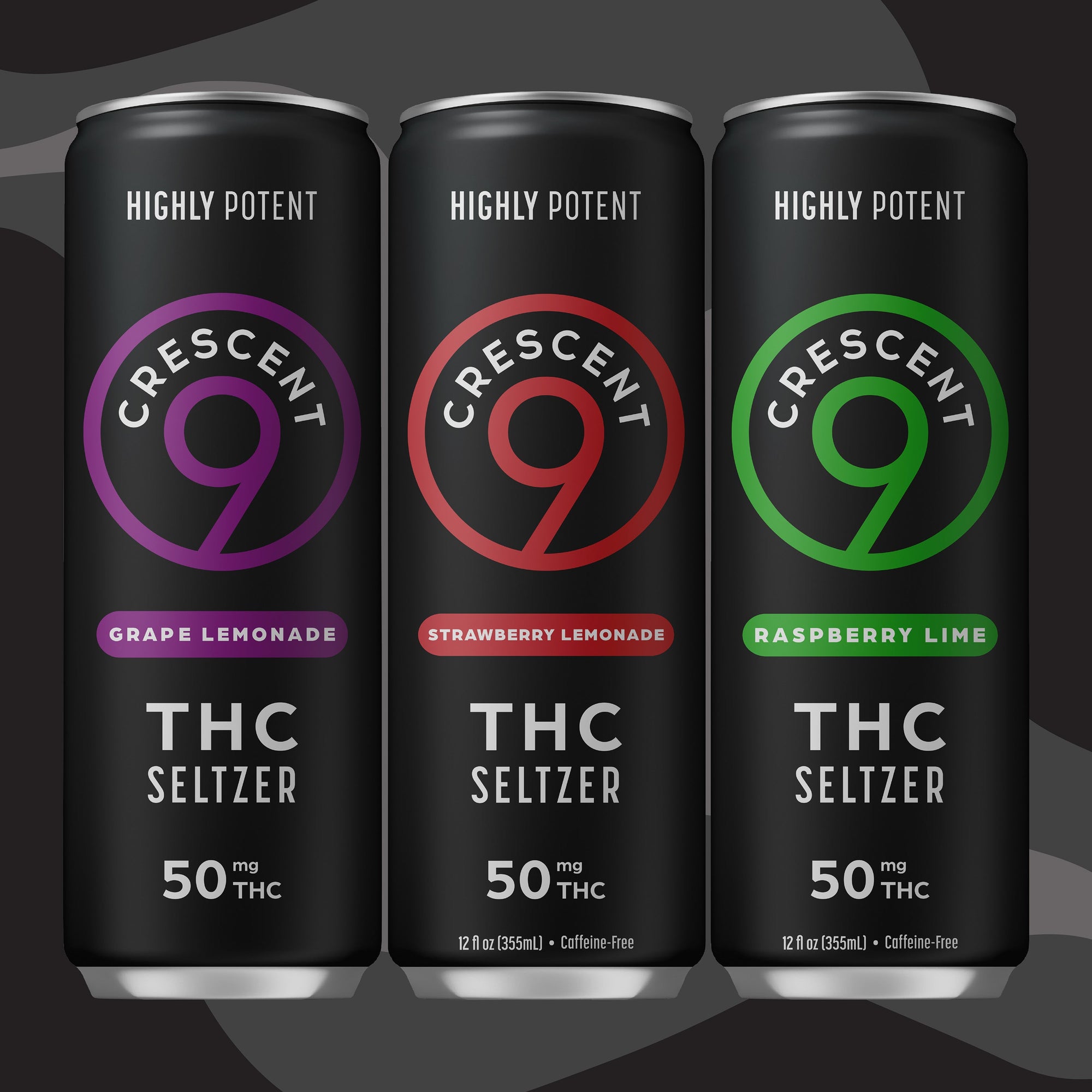 Three Crescent 9 THC Seltzer cans on a dark gray background, labeled Grape Lemonade, Strawberry Lemonade, and Raspberry Lime, each with a different colored Crescent 9 logo.