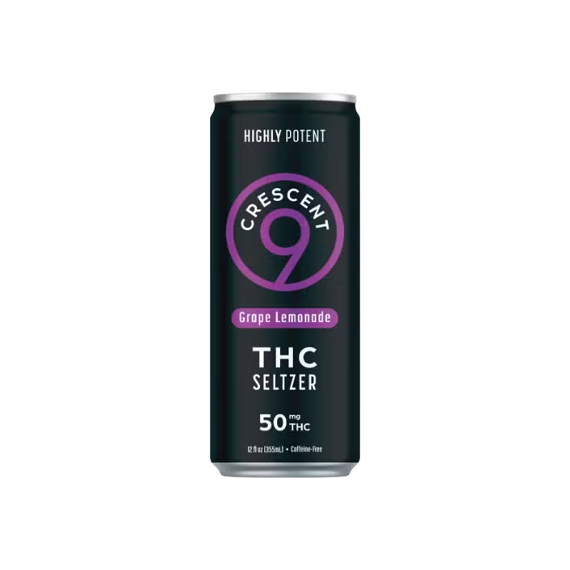 A single can of Crescent 9 Grape Lemonade THC Seltzer, 50 mg THC, on a transparent background. The can is black with a prominent purple crescent logo and white text.