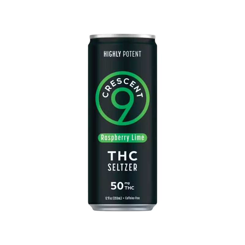 A single can of Crescent 9 THC Seltzer in Raspberry Lime flavor, featuring a black label with green and white text and graphics, on a transparent background.