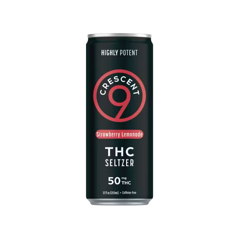 A single can of Crescent 9 Strawberry Lemonade THC Seltzer on a transparent background.