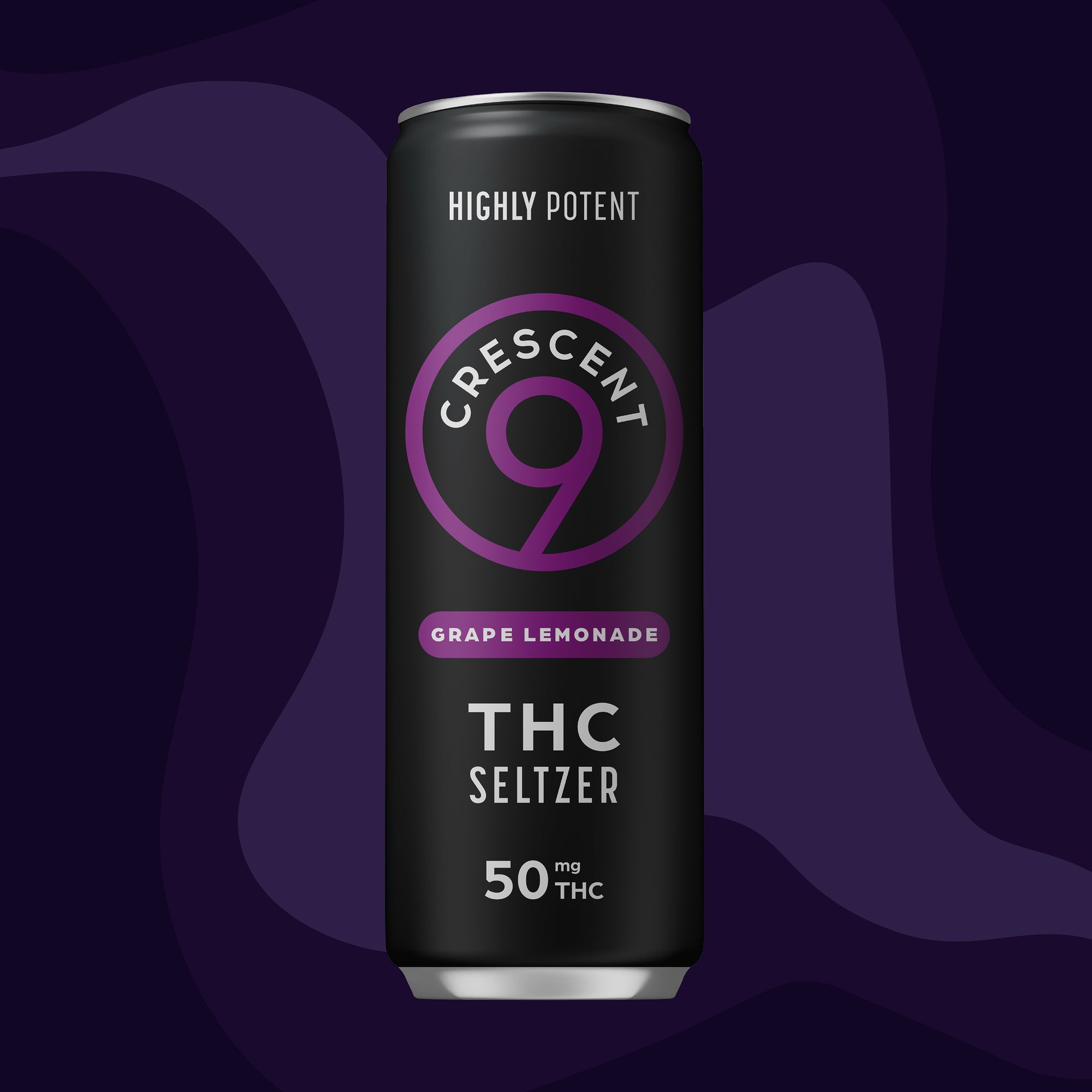 Crescent 9 THC Seltzer in front of a purple background