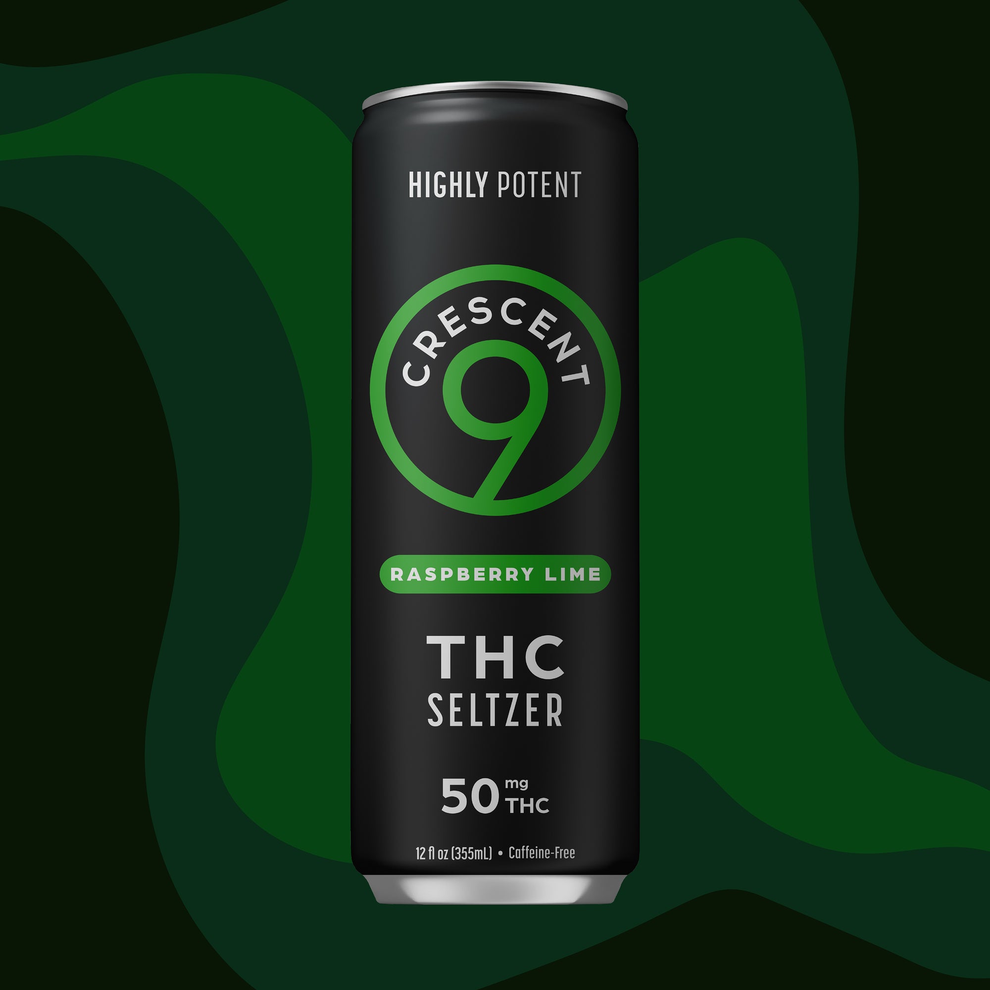 A single can of Crescent 9 Raspberry Lime THC Seltzer, 50 mg THC, centered against a dark green abstract background. The can is black with green and white text and logo.