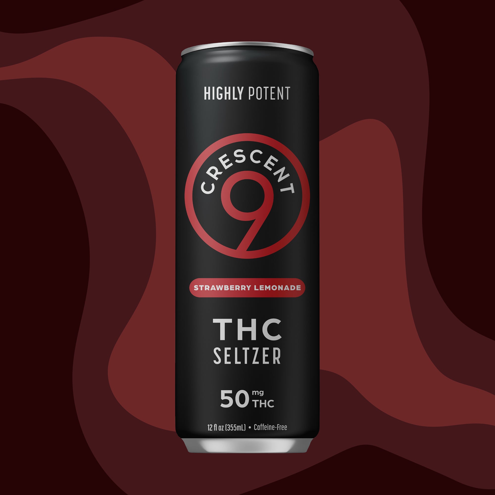 A single can of Crescent 9 Strawberry Lemonade THC Seltzer, 50 mg THC, shown against a dark red and maroon abstract background. The can is black with red and white branding.