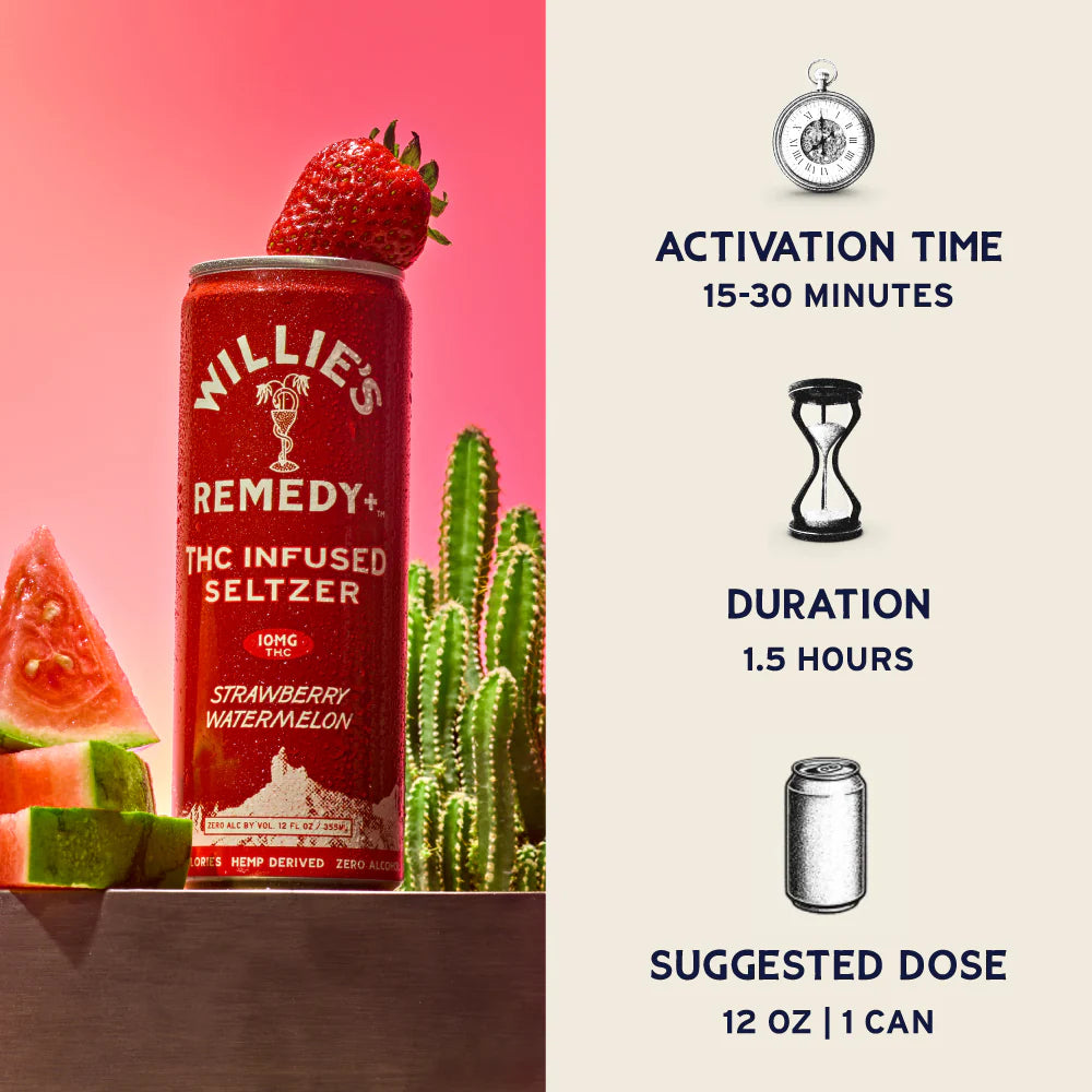 Willie's Remedy+ 10mg Strawberry Watermelon THC Infused Seltzer (12-pack)