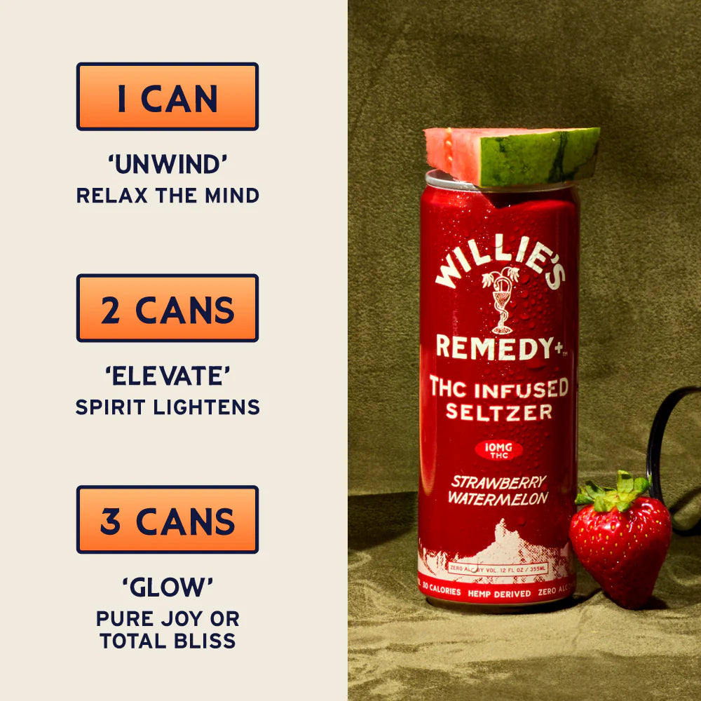 Willie's Remedy+ 10mg Strawberry Watermelon THC Infused Seltzer (12-pack)