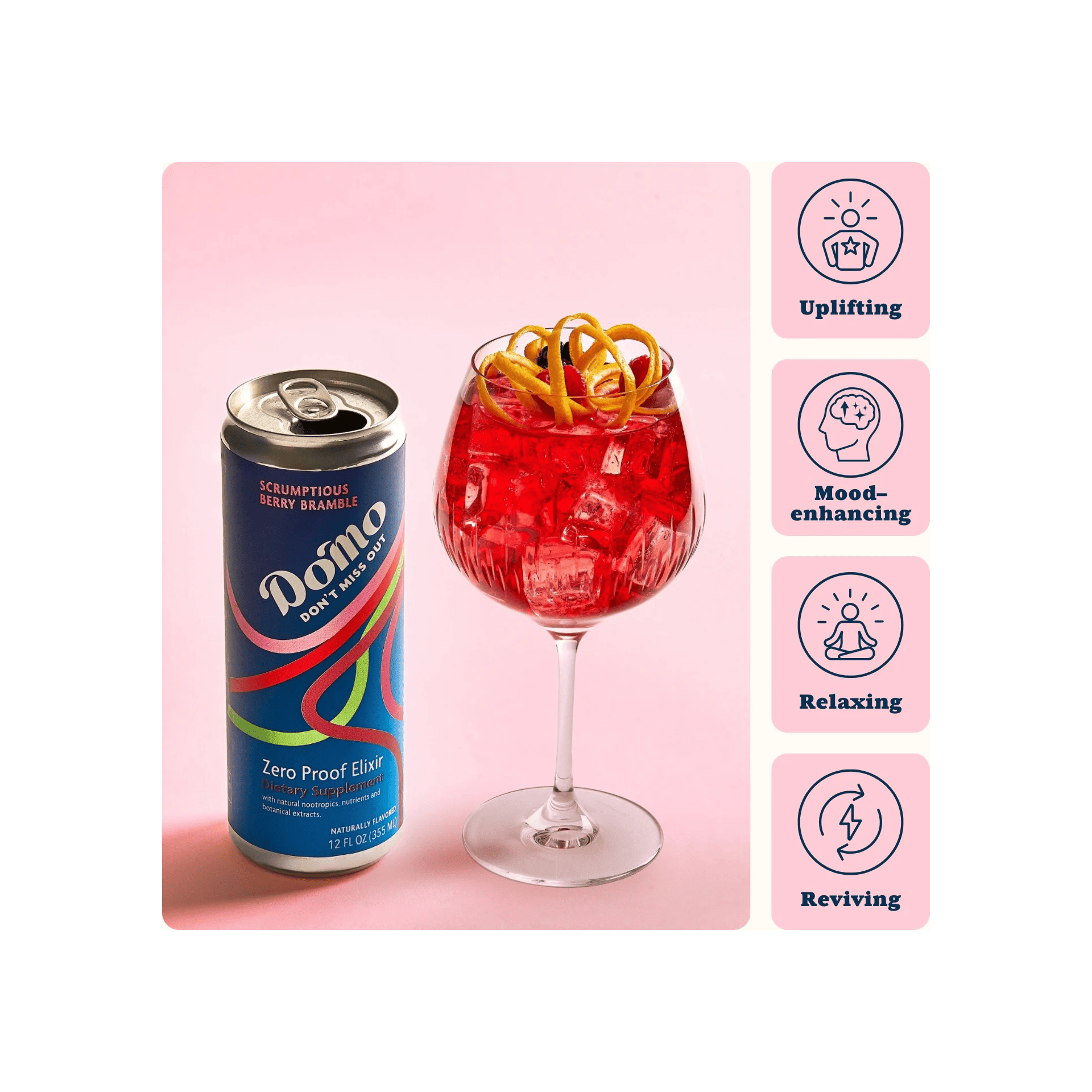 Can of Domino Zero Proof Elixir next to a red cocktail with garnish on a pink background