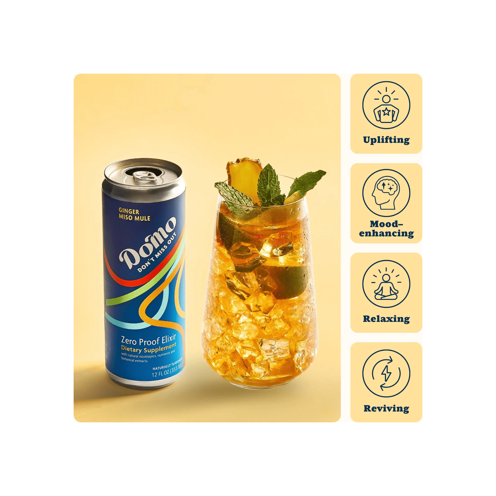 Domino zero proof elixir can with a cocktail on a yellow background