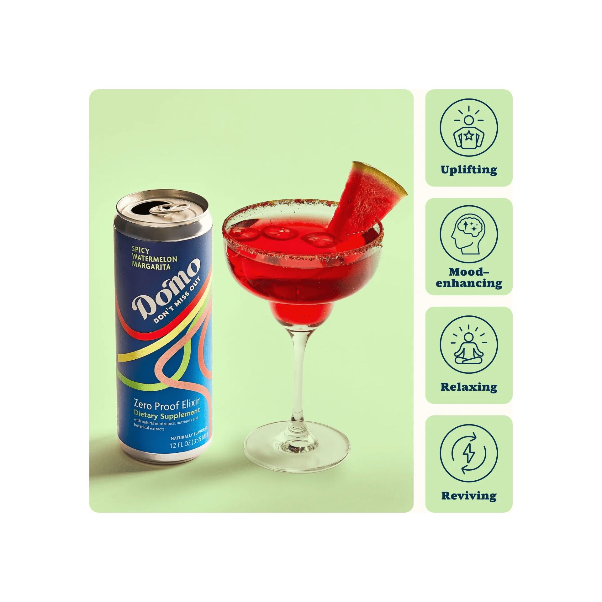 Domo zero proof elixir can with a cocktail and watermelon slice on a green background