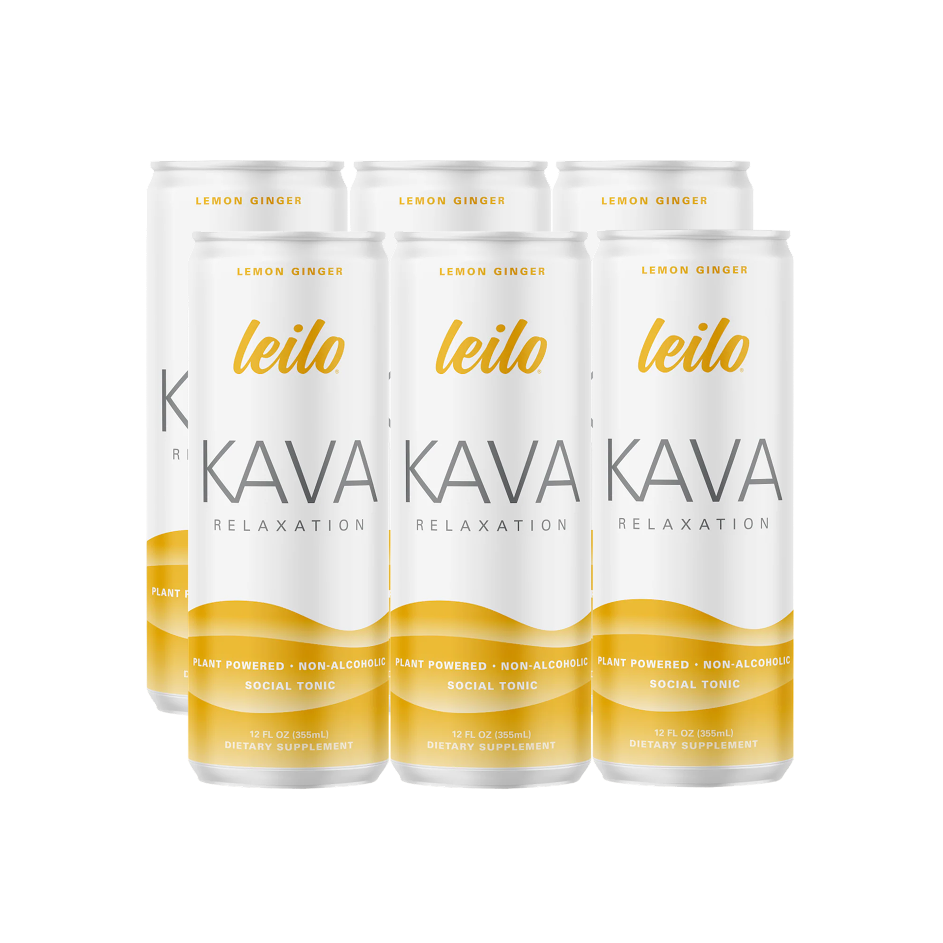 Six Leilo Kava Lemon Ginger cans on a transparent background