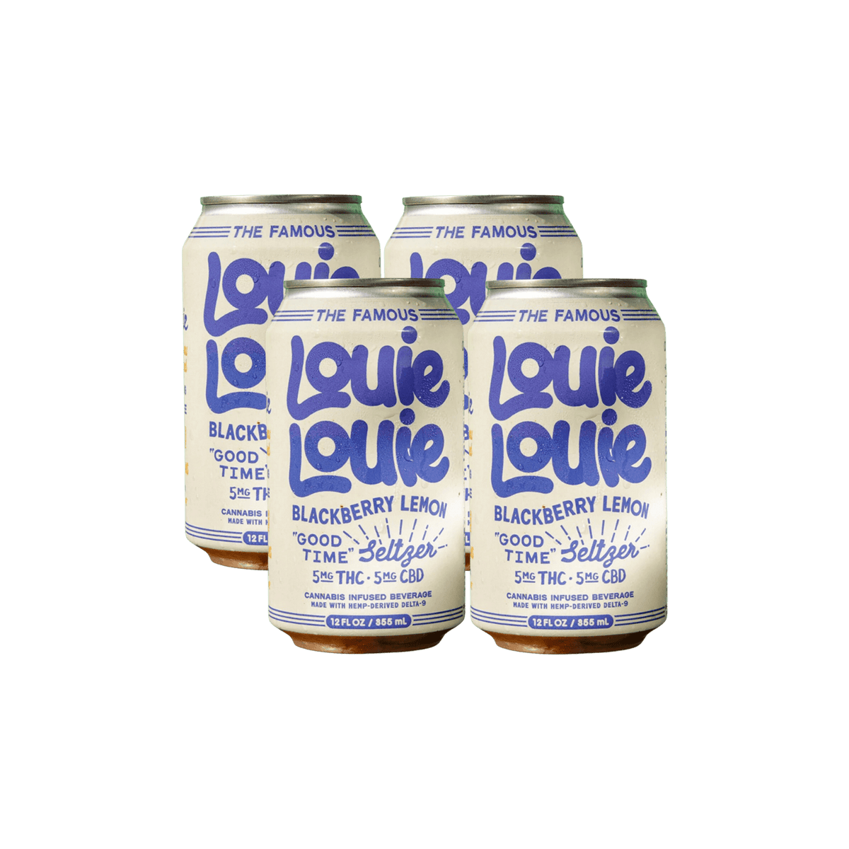 Four aluminum cans of Louie Louie Blackberry Lemon Seltzer arranged in a cluster on a plain white background. The cans are cream-colored with bold blue branding and text, and the top rims are metallic silver.