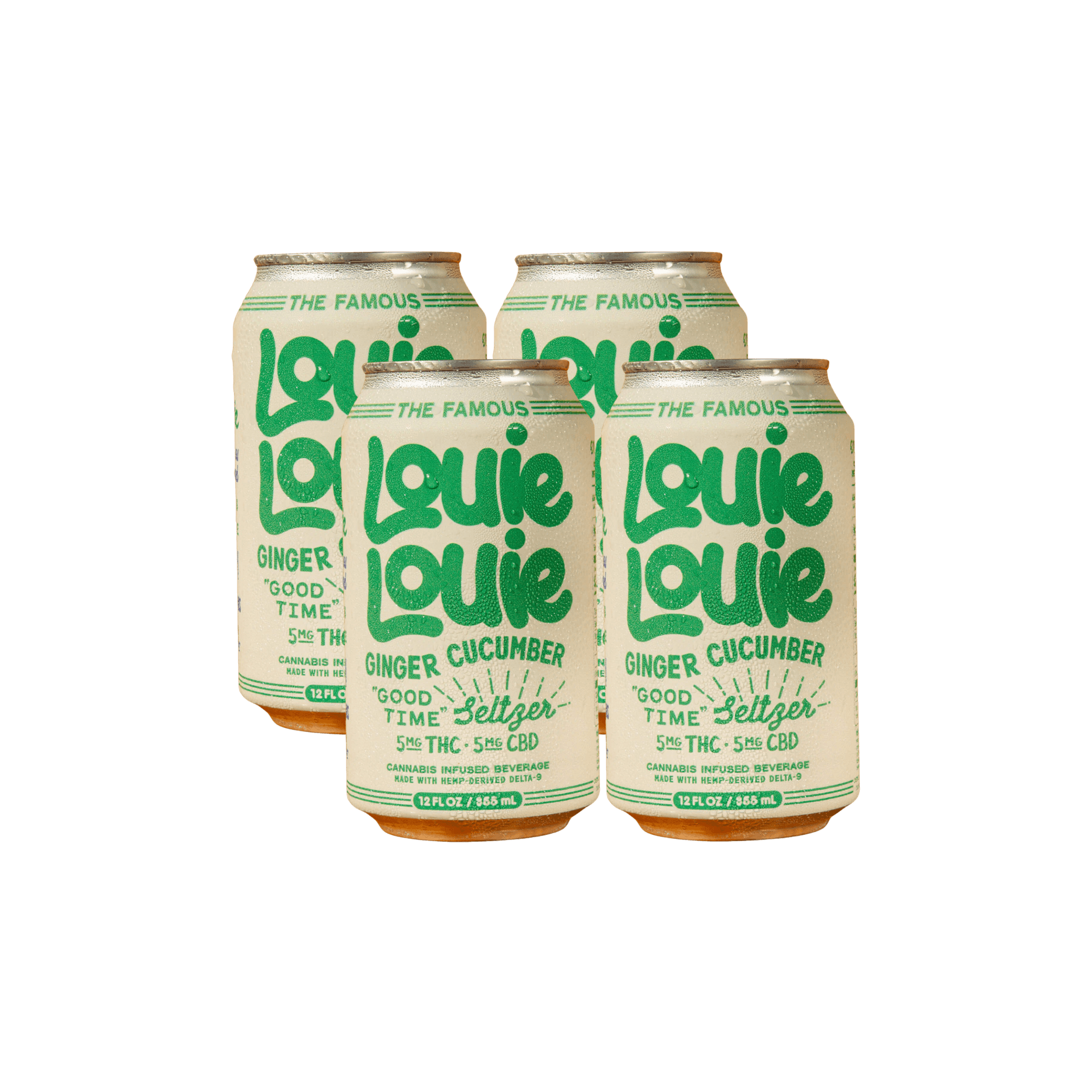 A 4-pack of Louie Louie Ginger Cucumber canned THC seltzers
