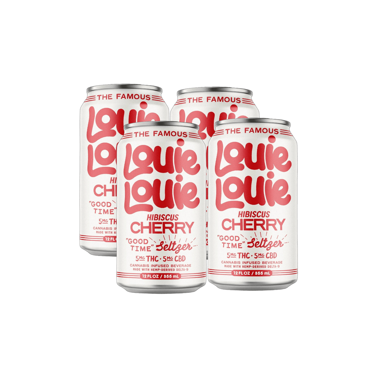 A 4-pack of cans of Louie Louie Hibiscus Cherry THC seltzers