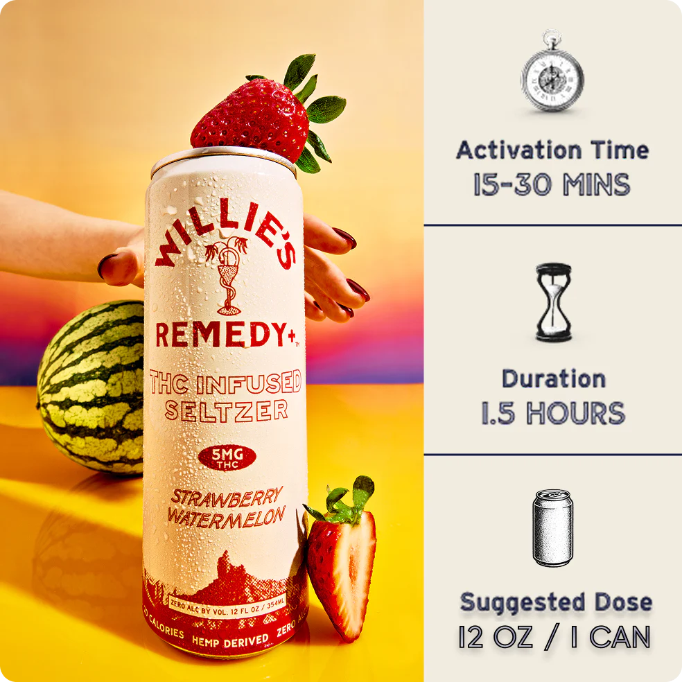 Willie's Remedy+ 5mg Strawberry Watermelon THC Infused Seltzer (12-pack)