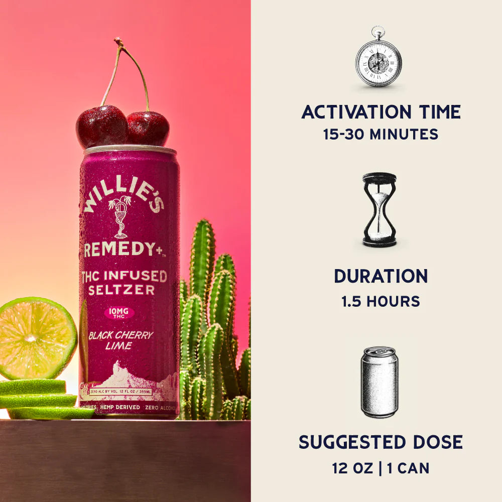 Willie's Remedy+ 10mg Black Cherry Lime THC Infused Seltzer