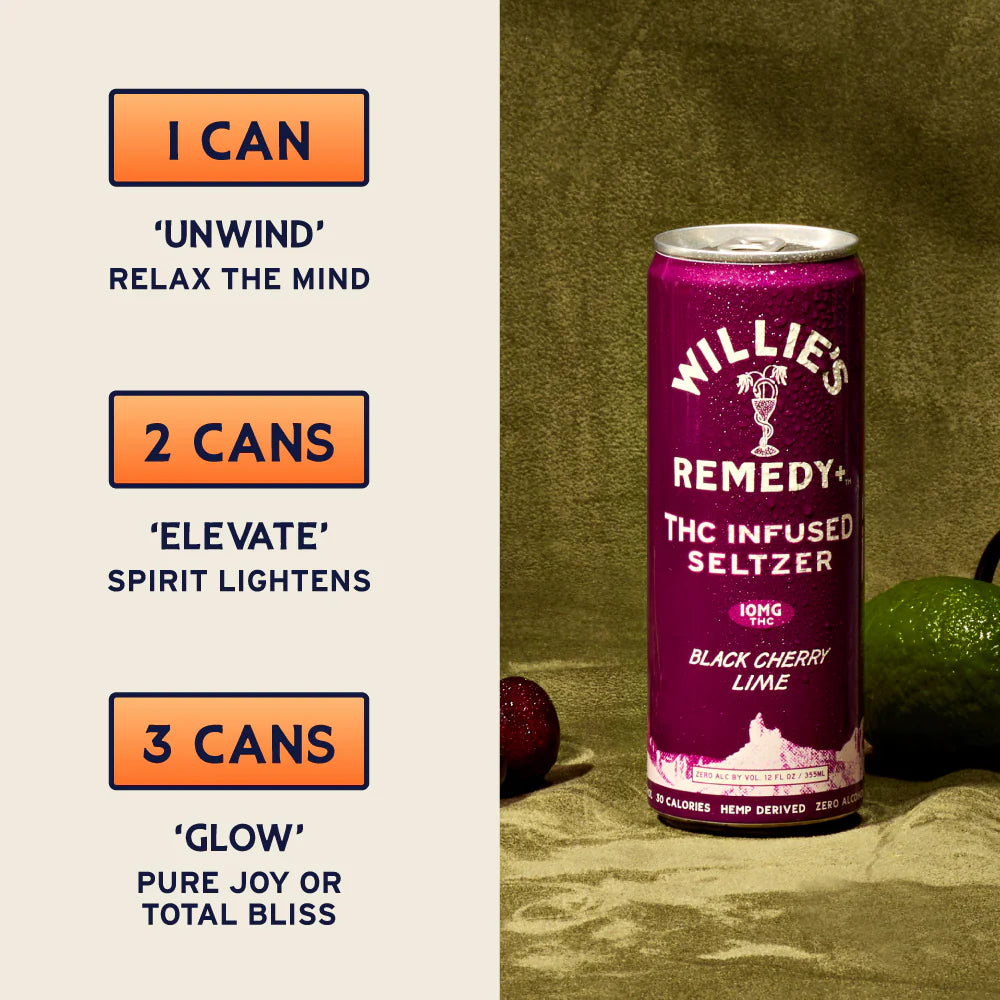 Willie's Remedy+ 10mg Black Cherry Lime THC Infused Seltzer
