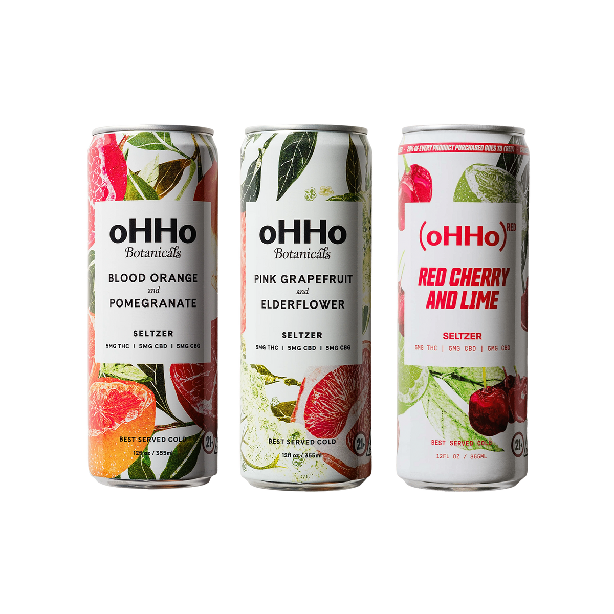 Three beverage cans from oHHo Botanicals on a plain white background, each with a different fruit and herb illustration on the label: Blood Orange and Pomegranate, Pink Grapefruit and Elderflower, and Red Cherry and Lime.