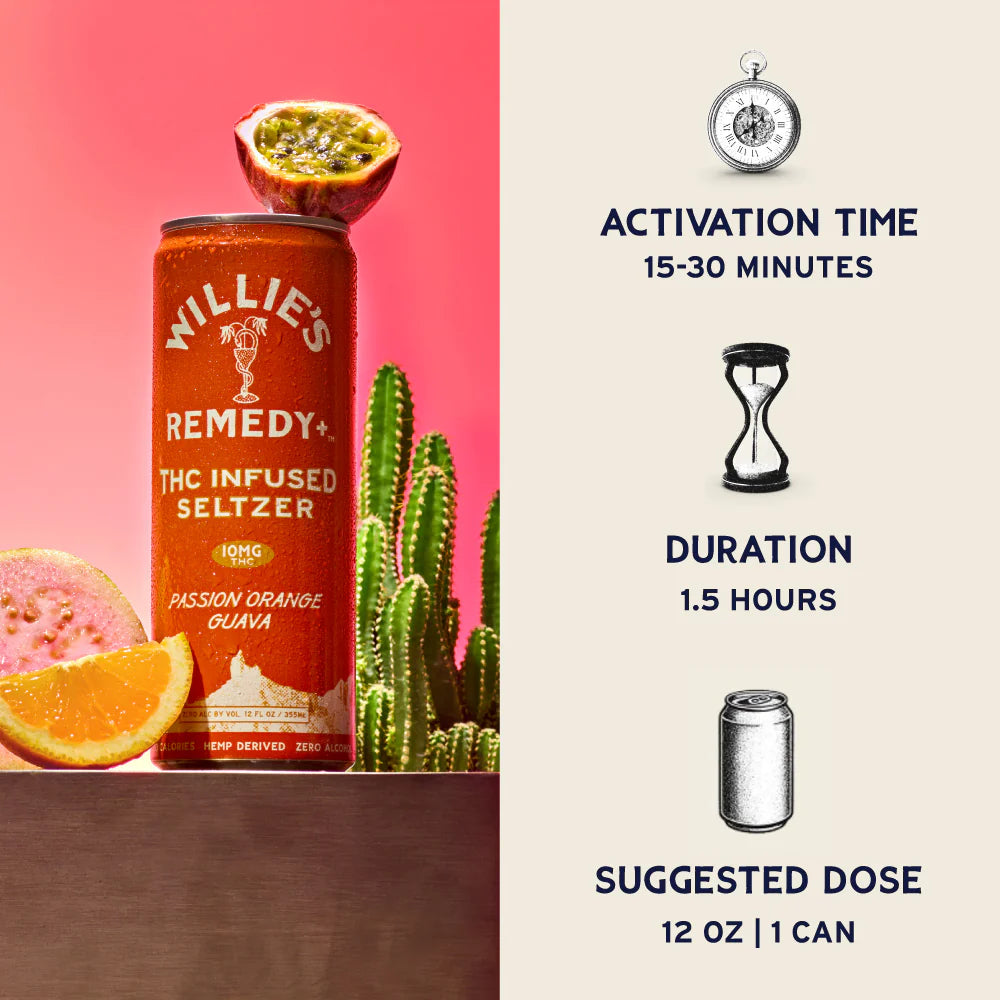 Willie's Remedy+ 10mg Passion Orange Guava THC Infused Seltzer (8-pack)